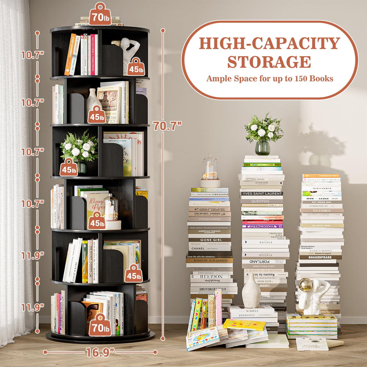 Aheaplus 6 Tier Rotating Bookshelf, Wood Spinning Bookshelf Tower, Round Revolving 360 Bookcase, Narrow Turning Book Shelf Rolling Corner Organizer for Small Space, Bedroom, Office, Black Aheaplus