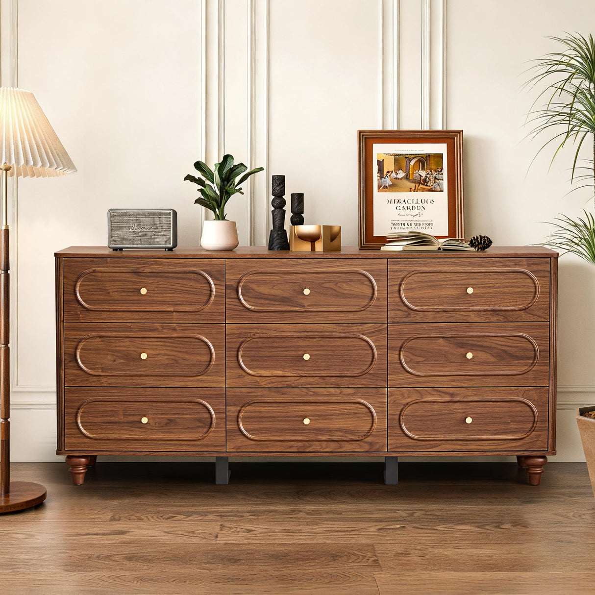 ORRD 9 Drawer Fluted Dresser for Bedroom, Mid Century Modern Chest of Drawers, Wood Storage Small Dresser Organizer for Bedroom Living Room Hallway Closet, Walnut ORRD