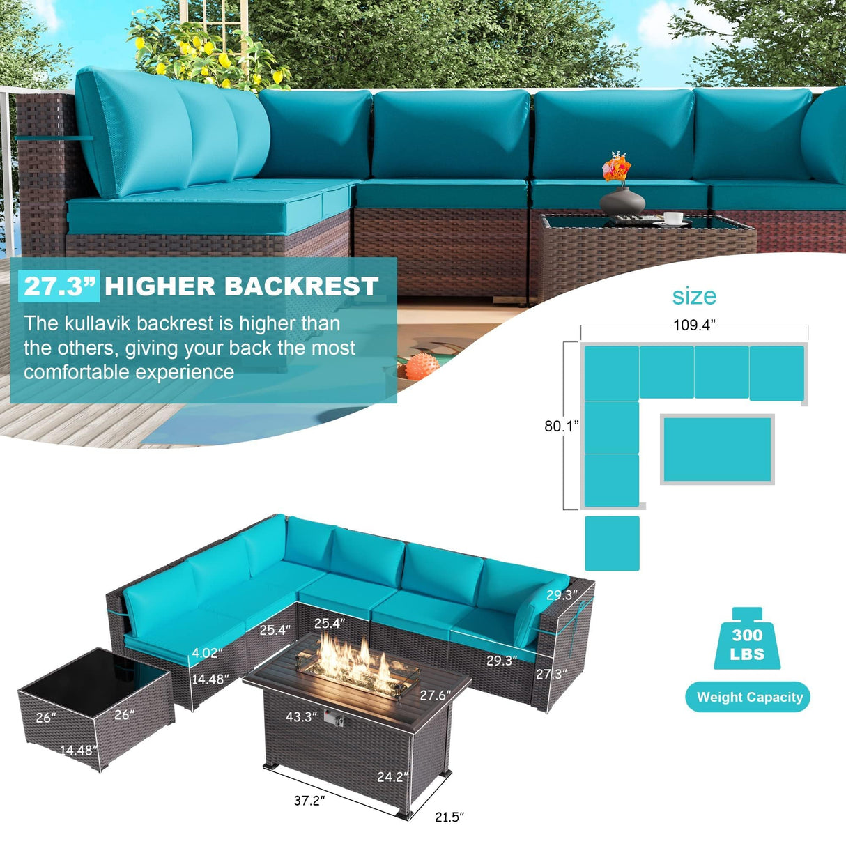 Kullavik 8 Pieces Outdoor Patio Furniture Set,Sectional Sofa Set with 43" 55000 BTU Gas Propane Fire Pit Table,Brown PE Rattan Wicker Patio Conversation Set,Turquoise Blue Kullavik