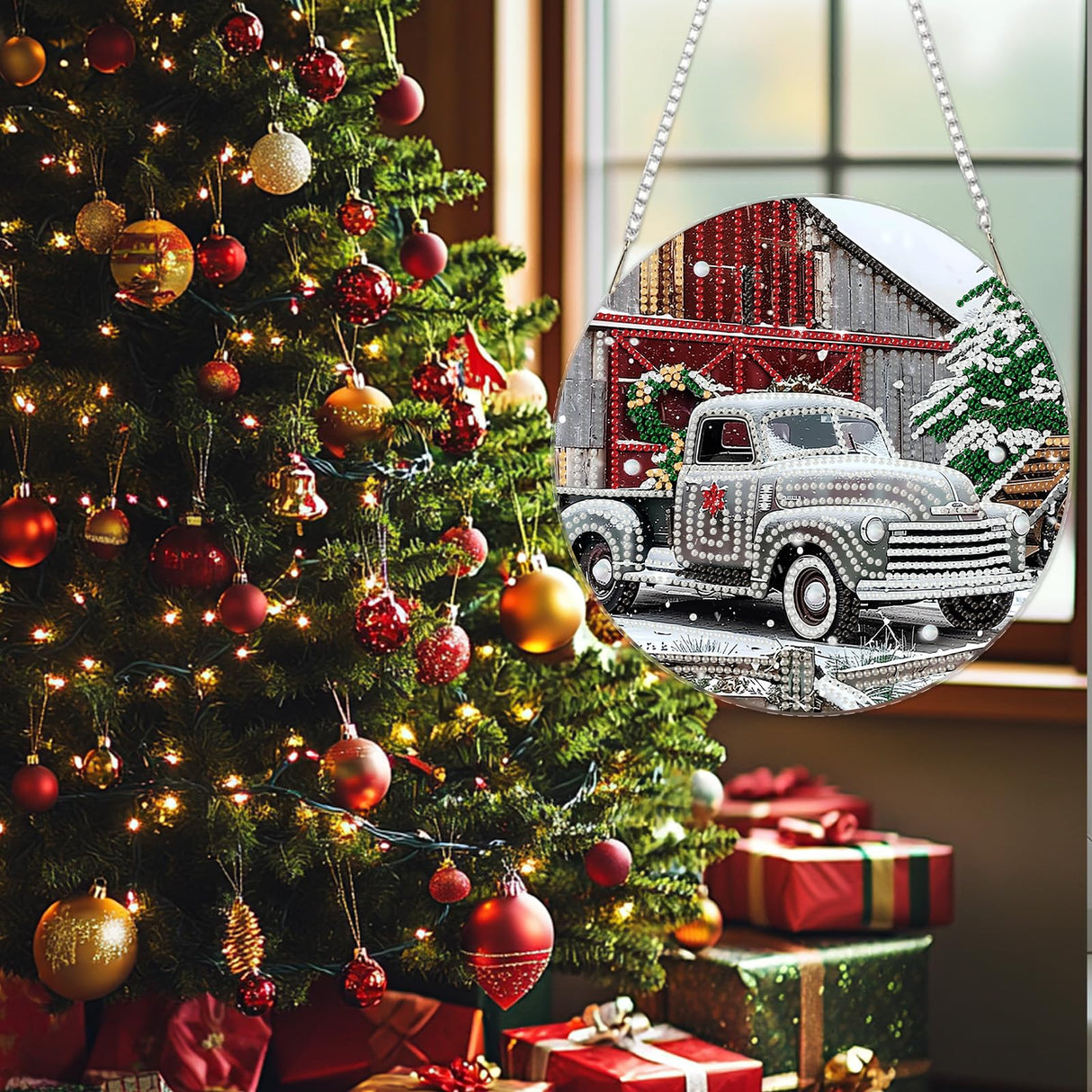 SENQAO Christmas Diamond Art Hanging Kits for Adults Kids, Farmhouse Truck Diamond Art Suncatchers, 5D Special Shape Diamond Painting Pendant Window Ornament Gifts for Home Door Wall Decor SENQAO