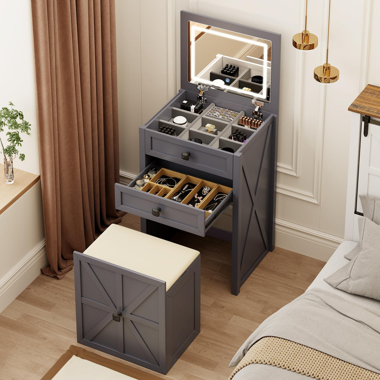 FREDEES Farmhouse 3 in 1 Vanity Desk with Mirror,Small Makeup Vanity Set with Soft Light, Space-Saving Makeup Vanity with Storage Compartment and Padded Stool,Dressing Table for Bedroom,Grey FREDEES