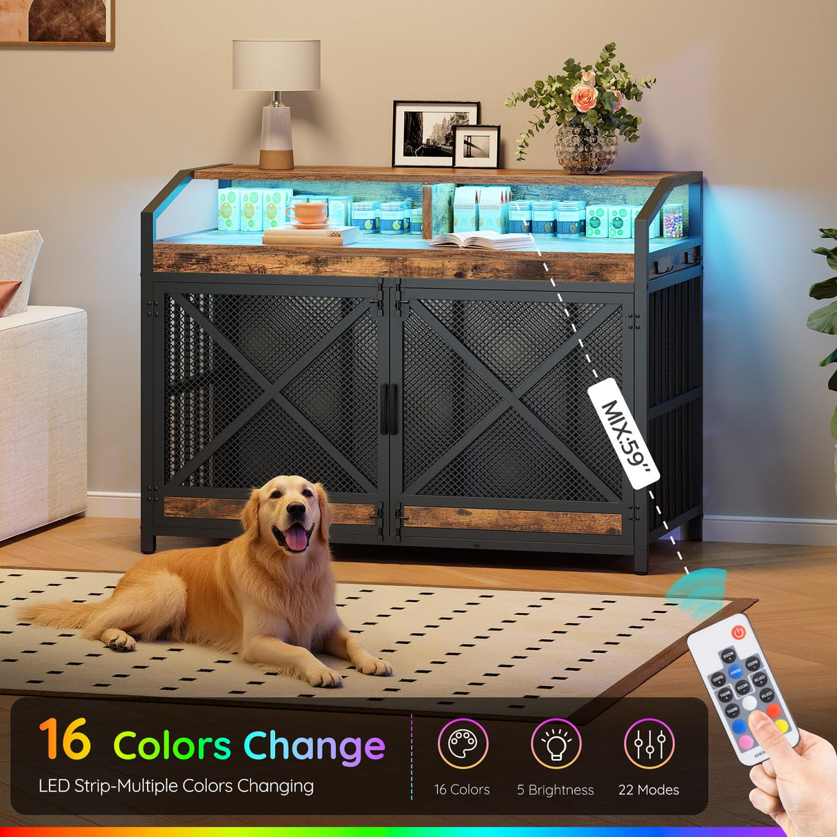 HOOBRO 43.3" Large Dog Crate Furniture with LED Lights, Heavy Duty Dog Kennel Indoor with Storage Shelves, Wooden Crate End Table for Large Medium Dogs, Rustic Brown and Black BF89DGW03 HOOBRO