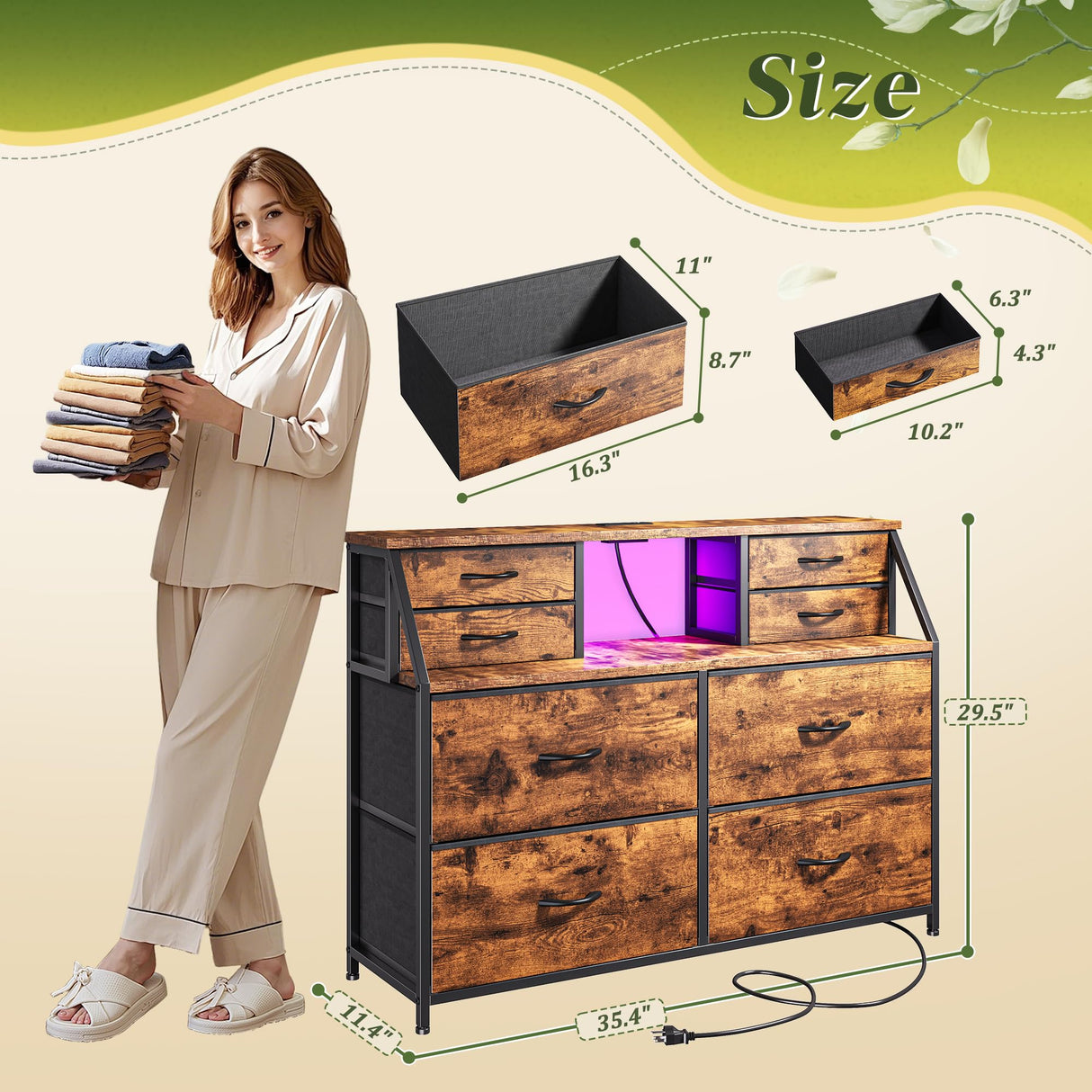 Romorgniz Dresser for Bedroom with Charging Station and LED, Sturdy Chest of Drawers with 8 Drawers and Two Open Shelves for Storage,Bedroom, Living Room,Hallway (Rustic Brown) Romorgniz