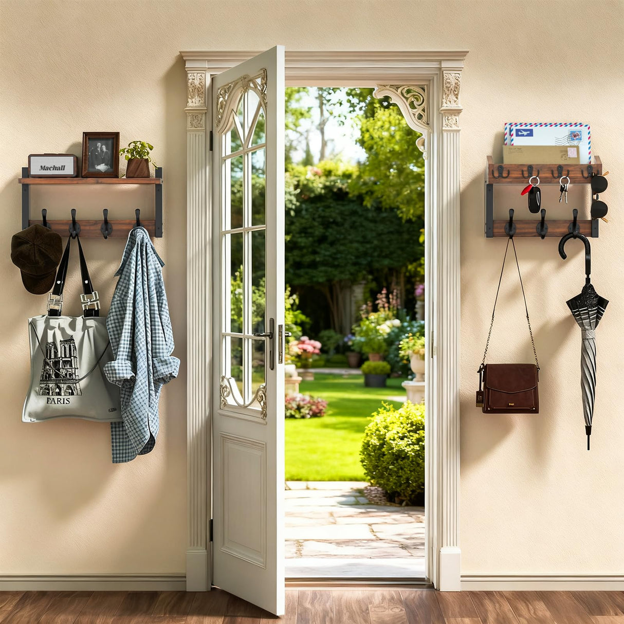 29'' Rustic Coat Rack Wall Mount with Shelf and Key Hooks, Solid Wood Key Holder Wall Mount, Farmhouse Wall Organizer for Mail, Entryway Wall Hangers for Hats, Clothes, Backpacks, Dog Leashes, Mudroom Facilite