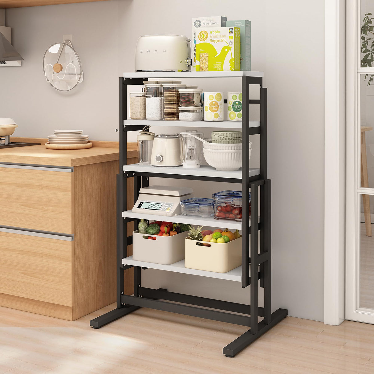 RELAHOGAR Convertible Dining Table, Multipurpose Mahogany Storage Shelf, 2 in 1 Bookshelf to Kitchen Table, Space Saving Transformer Shelf Table for Dining Room, Living Room, White RELAHOGAR