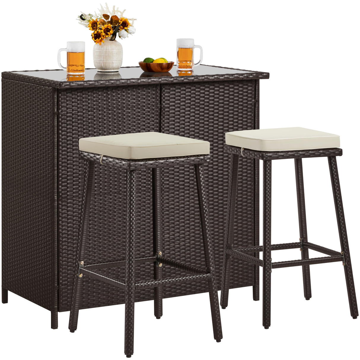 Yaheetech 3pcs Outdoor Bar Set, Patio Wicker Bar Furniture with 2 Storage Shelves, Glass Top Table, Cushions and Two Stools, Brown/Khaki Yaheetech