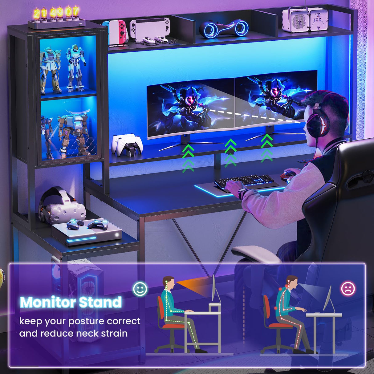 SEDETA Gaming Desk, 60'' Gaming Desk with Hutch and LED Lights, Computer Desk with Storage Shelves, Large PC Gamer Desk with Display Cabinet, Monitor Stand, Power Outlet for Home Office, Black SEDETA