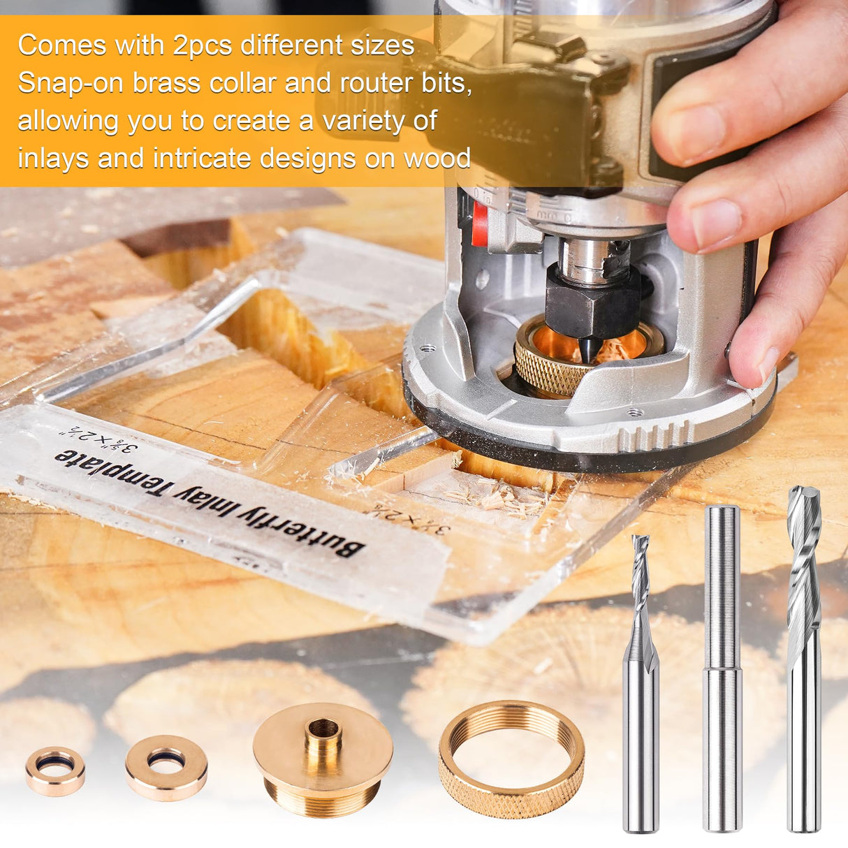 SpeTool Router Bits Solid Brass Router Inlay Kit, Include 1/8" and 1/4 Cutting Diameter with 1/4 Shank Carbide Spiral Upcut Router Bit, Router Bushing Guide Set for Wood SpeTool
