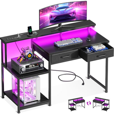 ODK Gaming Desk with Led Lights & Power Outlet, 48 Inch Computer Desk with Drawers, Office Desk with Large Display Storage Shelves, Reversible Desk with Monitor Stand for Home, Carbon Fiber Black