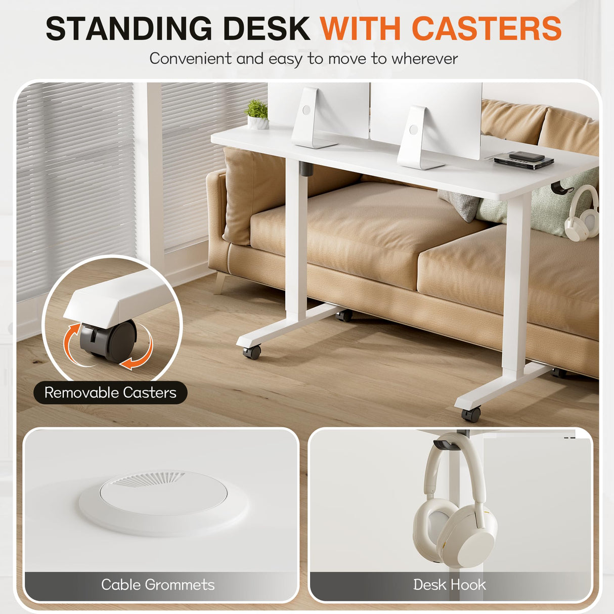 Furmax Electric Standing Desk, 47 x 24 Inches Height Adjustable Desk with Removable Casters, Home Office Computer Desk (White) Furmax