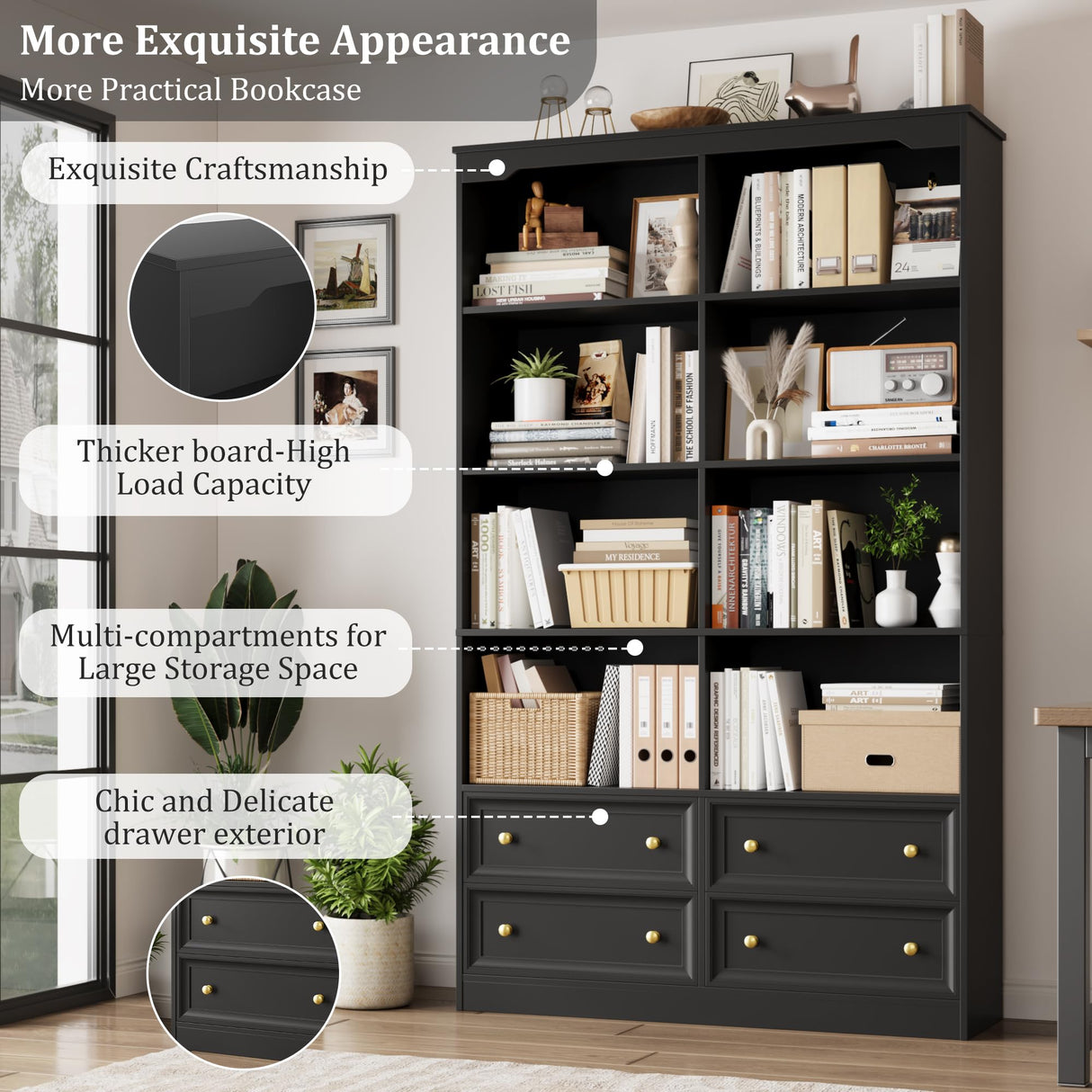 FINETONES 71" Black Bookshelf with 4 Drawers, 6-Tier Double Wide Bookshelf and Bookcase with Storage, Tall Bookshelf Large Open Bookshelf Standing Book Cabinet for Home Office, Black FINETONES