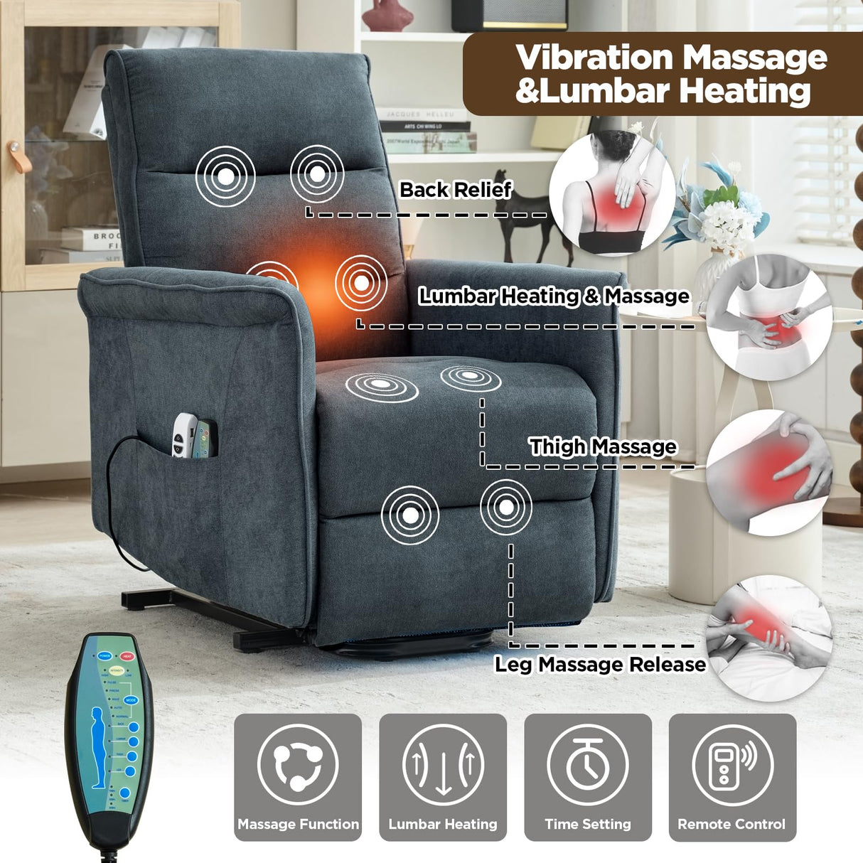 MANBUR Power Lift Recliner with Vibration and Lumbar Heat, Electric Power Lift Chair Recliner Chair, Home Theater Seating RV Recliner Living Room Chair with Side Pockets, LED Light, USB Port(Blue) MANBUR