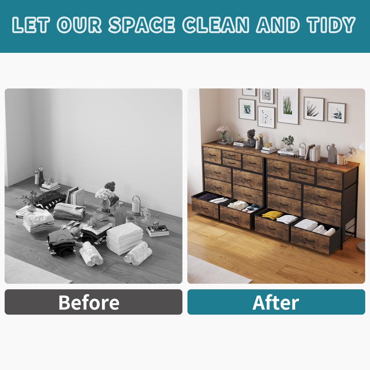 LUMTOK 10-Drawer Dresser, Fabric Storage Dressers for Bedroom, Hallway, Nursery, Closets, Steel Frame, Wood Top, Easy Pull Handle (Rustic Brown) LUMTOK