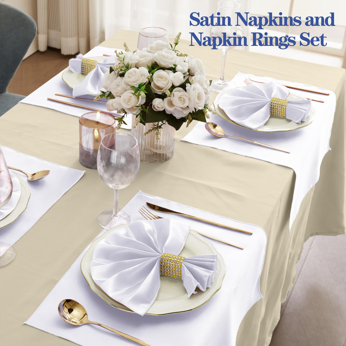 RUDONG M 100 Pcs White Satin Napkins and Napkin Rings Set, 17 x 17 Inch Square Cloth Napkins Set of 50, Silky Soft Table Napkins Bulk for Weddings, Banquet, Parties Dinner Decoration RUDONG M