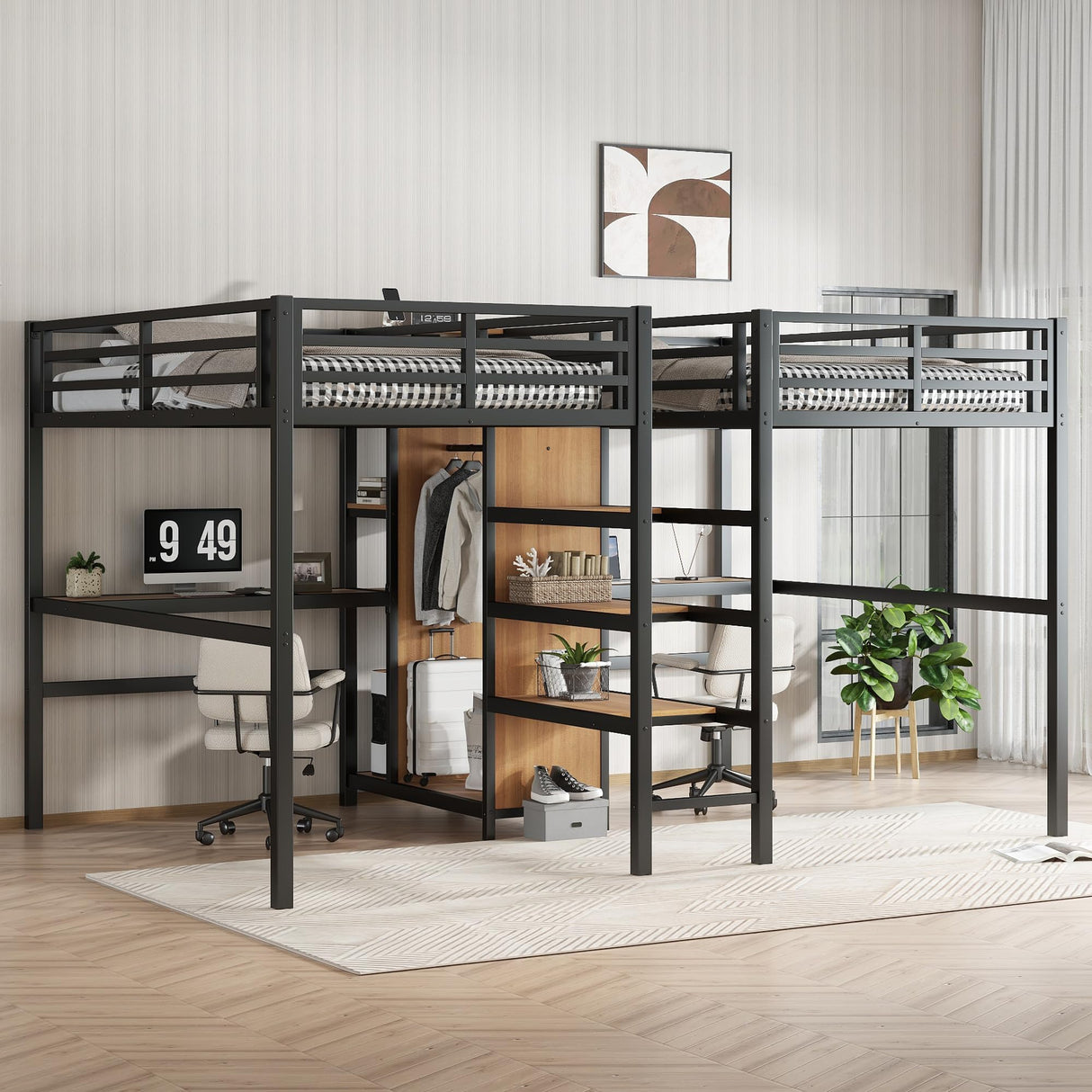 LUMISOL Loft Bed Twin Size with Desk, Metal Double Loft Bed Frame with Charging Station, Wardrobe & Storage Shelves, Noise Reduced, Black+Natural Wood LUMISOL