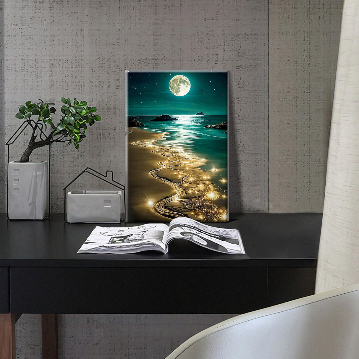 HeeBenor Framed Paint by Numbers Kit for Adults, Moon Paint by Number with Easel, DIY Beach Moon Landscape Oil Painting Kit, Adult Paint by Number Kits Framed Canvas for Home Decor 8x12 Inch HeeBenor