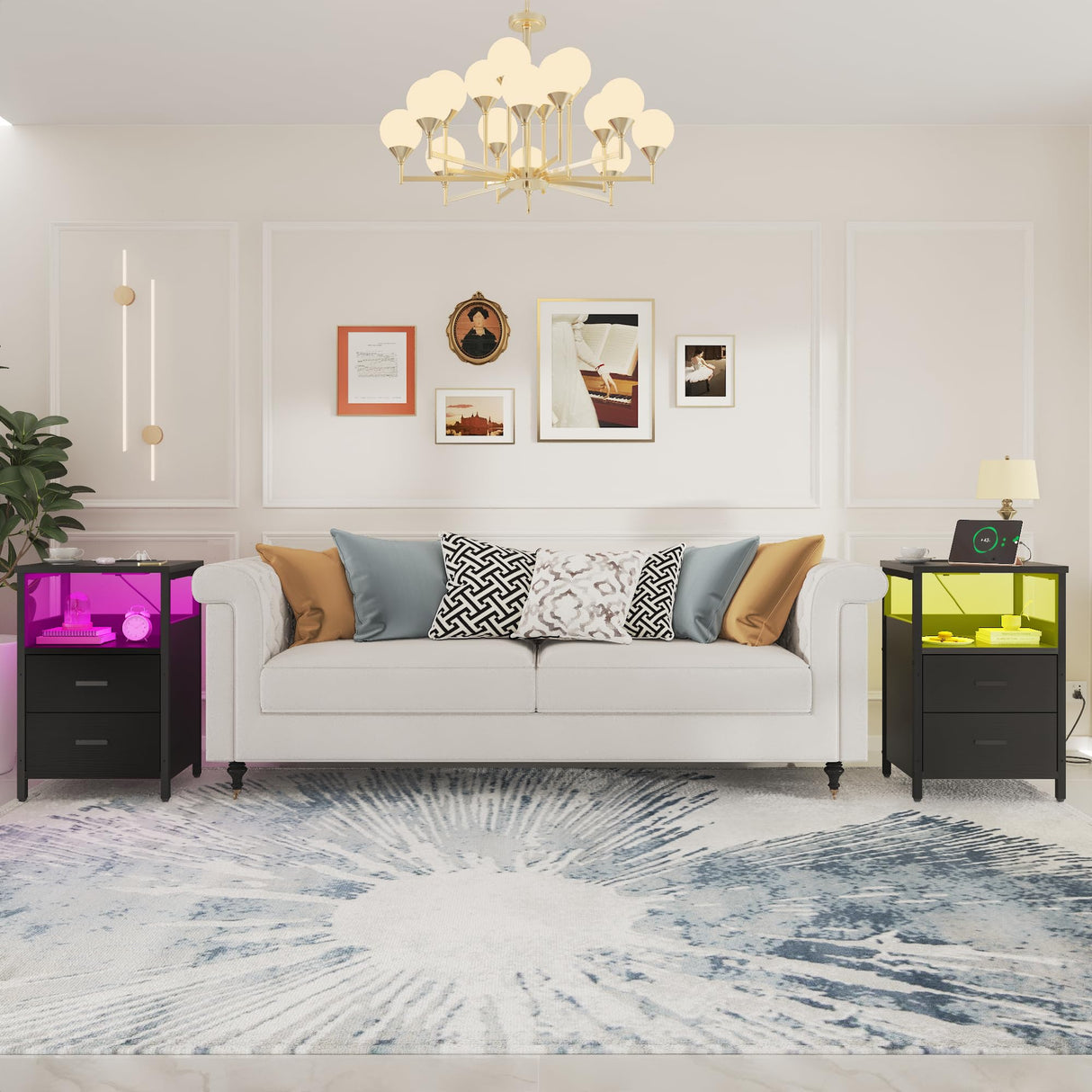 KHLJJU LED Nightstand with Charging Station, Side Table with USB Ports and Outlets, End Table for Small Spaces, Black Bedside Tables for Bedroom, Living Room, Office KHLJJU