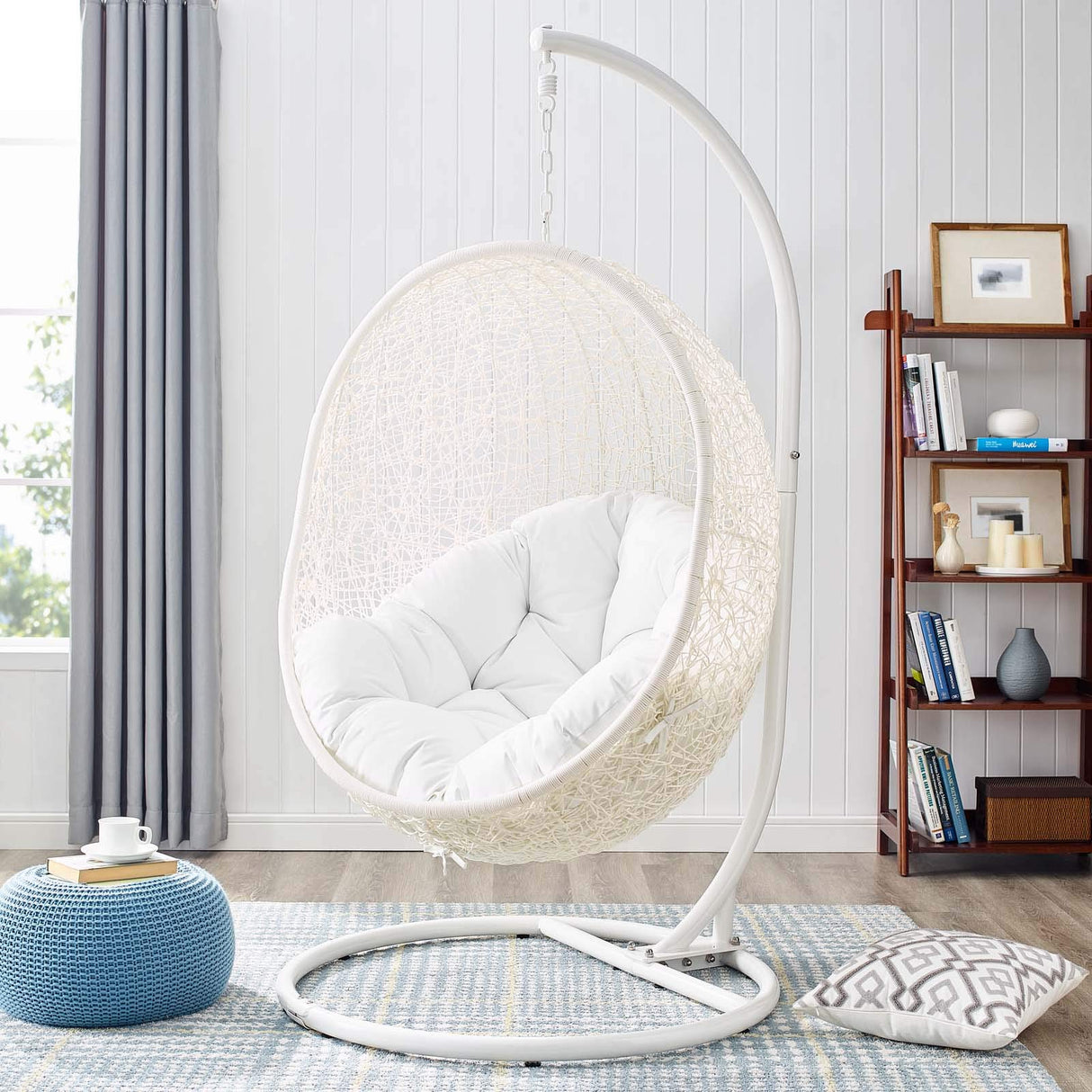 Modway Hide Wicker Rattan Outdoor Patio Porch Lounge Egg Swing Chair Set with Stand in White Modway