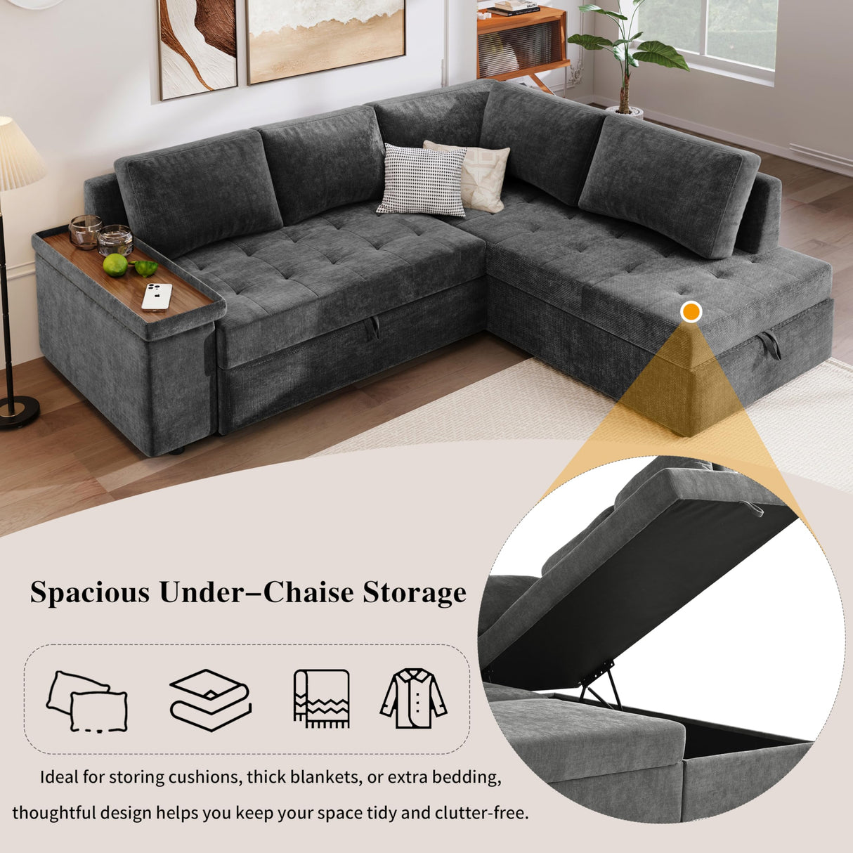 Merax Modular Sectional Sleeper Sofa with Pull Out Bed and Storage Seats, Modern L Shaped Couch & Multifunctional Wide Armrest for Living Room, Apartments, Office, Grey Merax