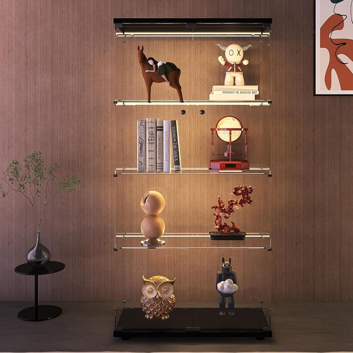 Modern 4-Tier Glass Display Shelf with 2 Doors, Curio Cabinet Collection - Floor Standing Display Case for Living Room, Bedroom, Home Office - 30" W x 14.5" D x 64" H (Black with LED Light Strip) Zacis