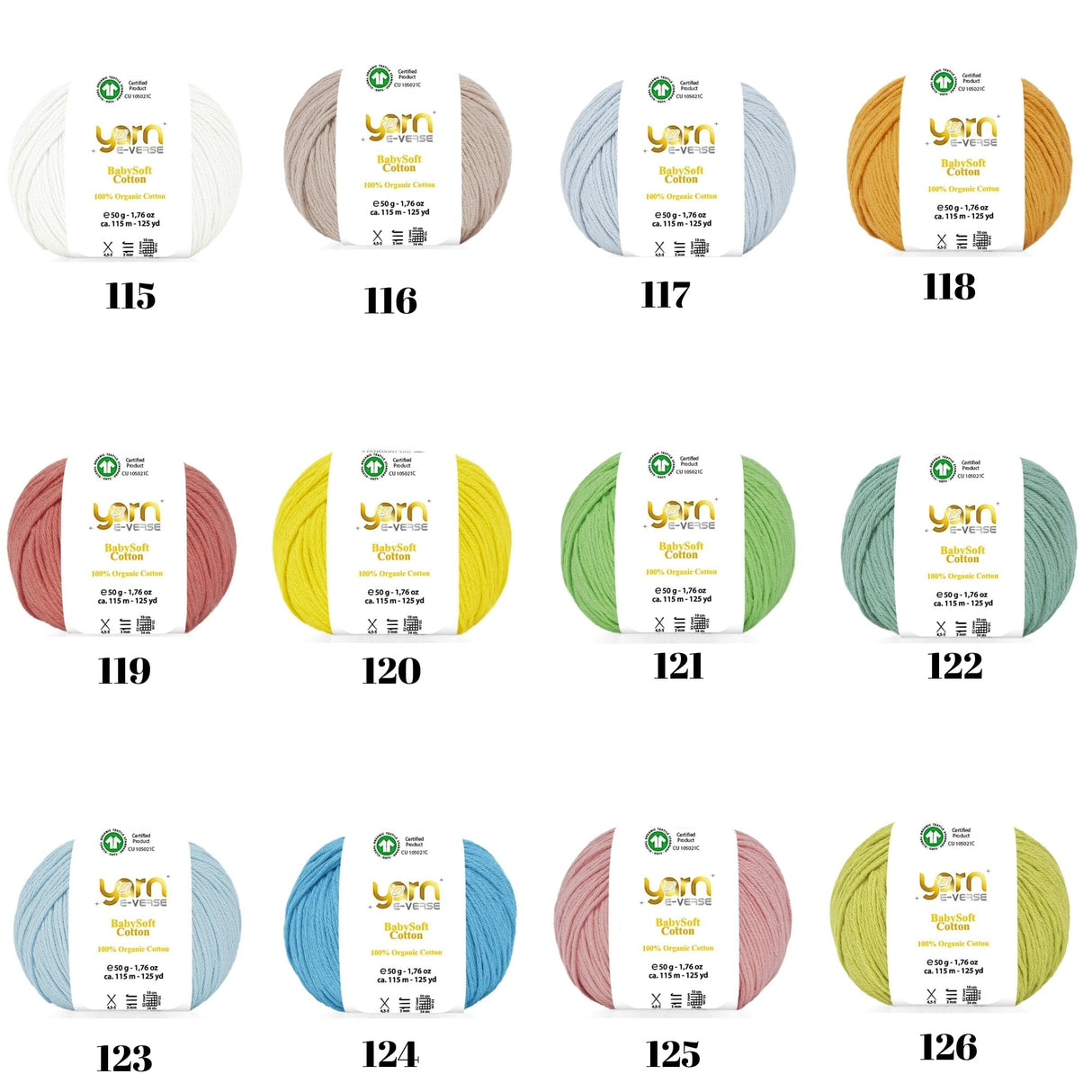 Babysoft Cotton Yarn, Yarn E-verse, 100% Organic Cotton, Soft & Hypoallergenic, Ideal for Baby Knitting, Crocheting, Amigurumi & DIY Projects, Organic Textile Certified, 50g (1, 115 White) yarn e-verse