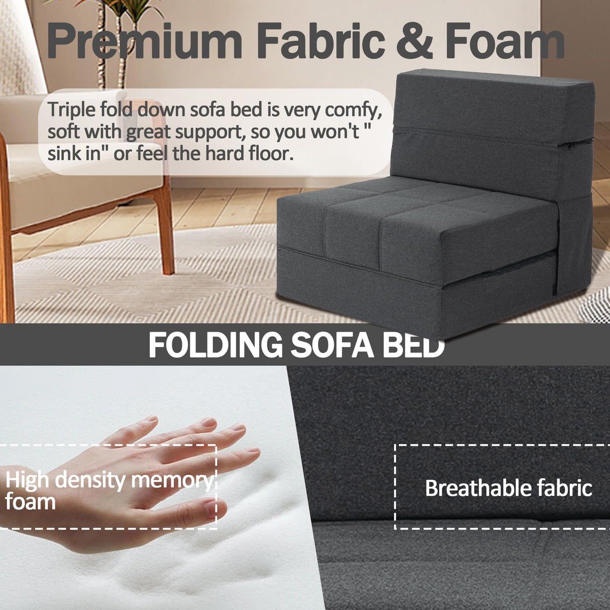 CATMIX Folding Sofa Bed, 7 inch Memory Foam Floor Couch, Convertible Sleeper Foldable Mattress Futon Sofa for Living Room/Home Office/Guest Beds/Apartment/Upstairs Loft (Dark Gray, Single) CATMIX