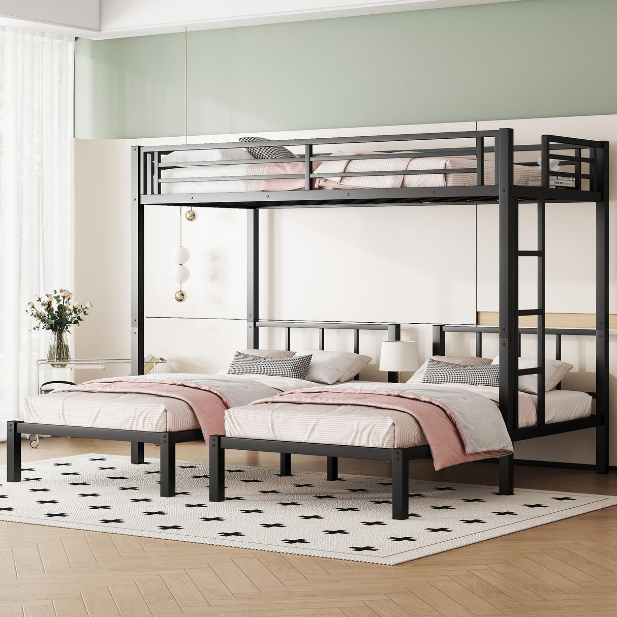 Twin Over Twin Over Twin Bunk Bed for 3 Kids, Metal Triple Bunk Bed with Full Length Guardrails, Heavy Duty Triple Bunk Bed for Kids, Teens, Black Triple Bed Twin Size Bellemave