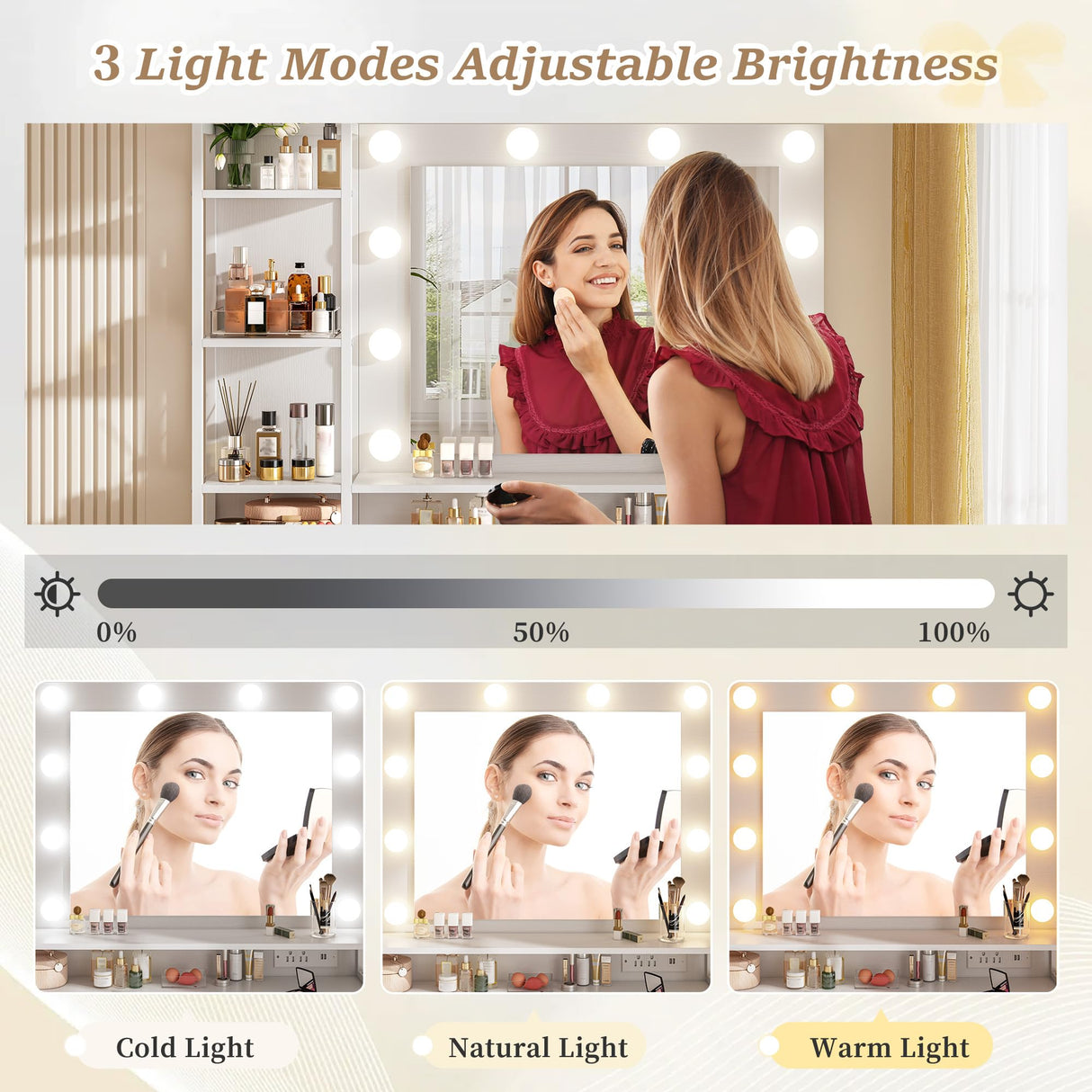 EnHomee White Vanity Desk with Mirror and Lights, Vanity Desk with 5 Fabric Drawers & Power Outlet, 3 Lighting Modes Adjustable Brightness, Bedroom Dressing Table, White EnHomee