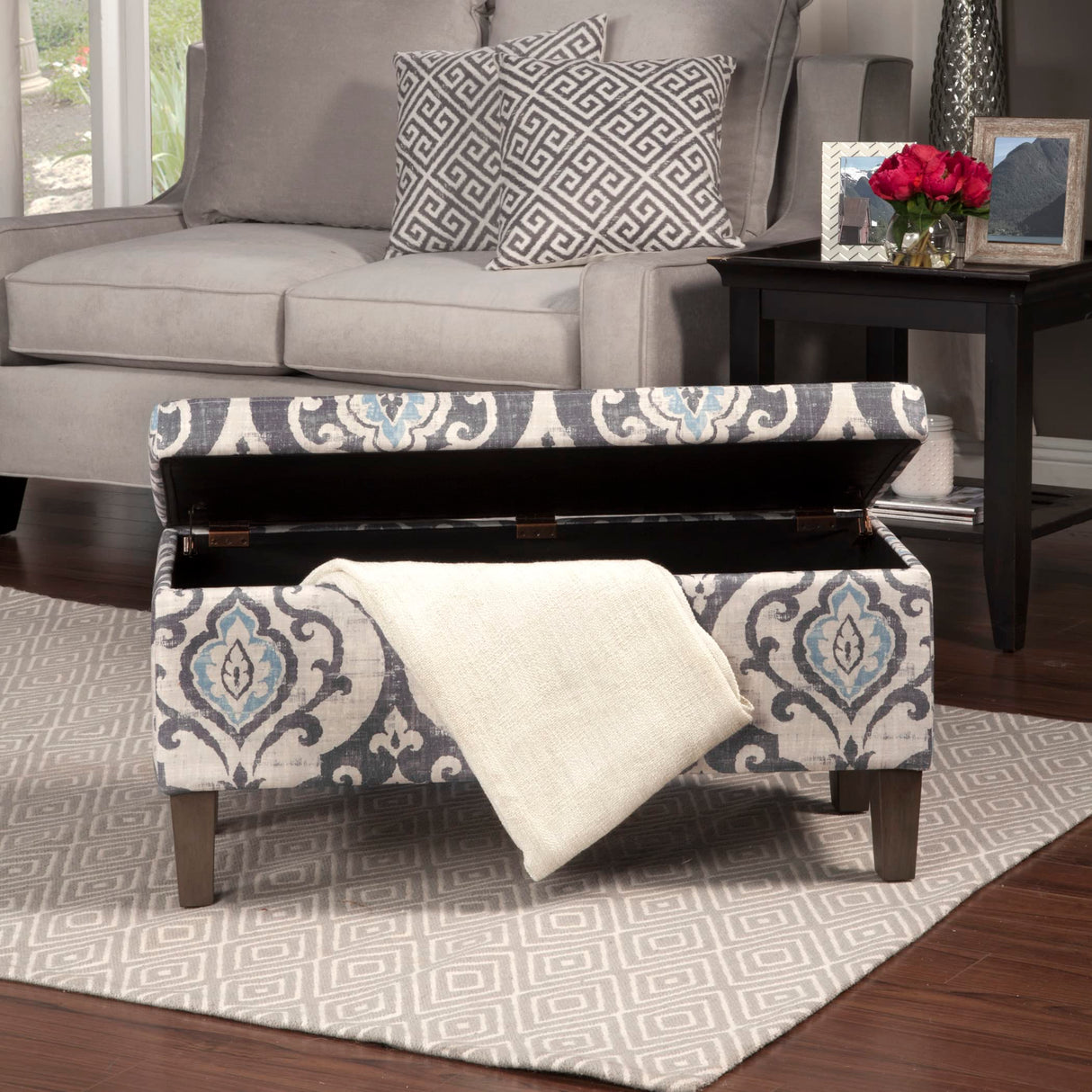 HomePop Large Upholstered Rectangular Storage Ottoman Bench with Hinged Lid, Slate Damask HomePop