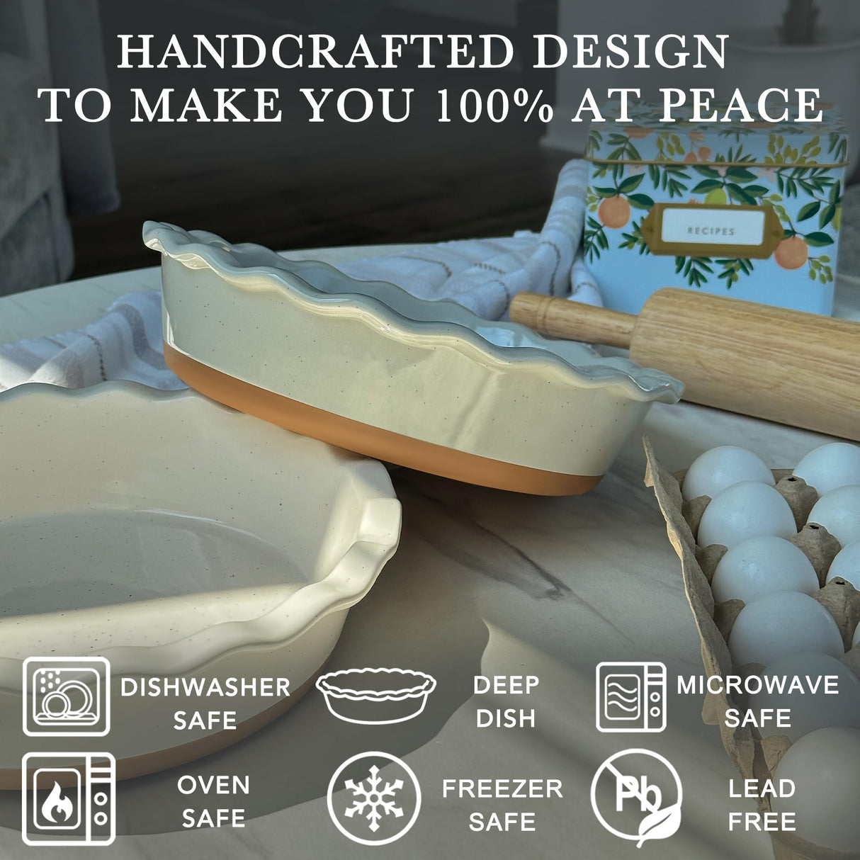 Mora Ceramic Pie Pan for Baking - 9 inch - Deep and Fluted Pie Dish for Old Fashion Apple Pie, Quiche, Pot Pies, Tart, etc - Modern Farmhouse Style Porcelain Ceramic Pie Plate - Earl Grey MORA CERAMICS HIT PAUSE