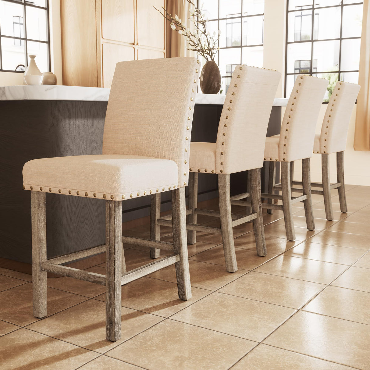 Bar Stools Set of 4, 25.5' Farmhouse Counter Height Barstools, Linen Upholstered Bar Chairs with Ergonomic Backrest and Wood Legs for Kitchen Island, Home Bar, Beige Farati