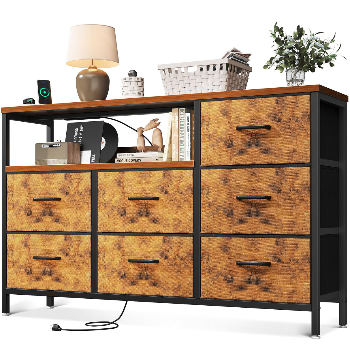 AODK Dresser with Charging Station, 52-Inch Long Dresser for Bedroom with 7 Large Fabric Drawers, Dresser TV Stand with Open Shelves for 55-Inch TV, Vintage and Vintage AODK