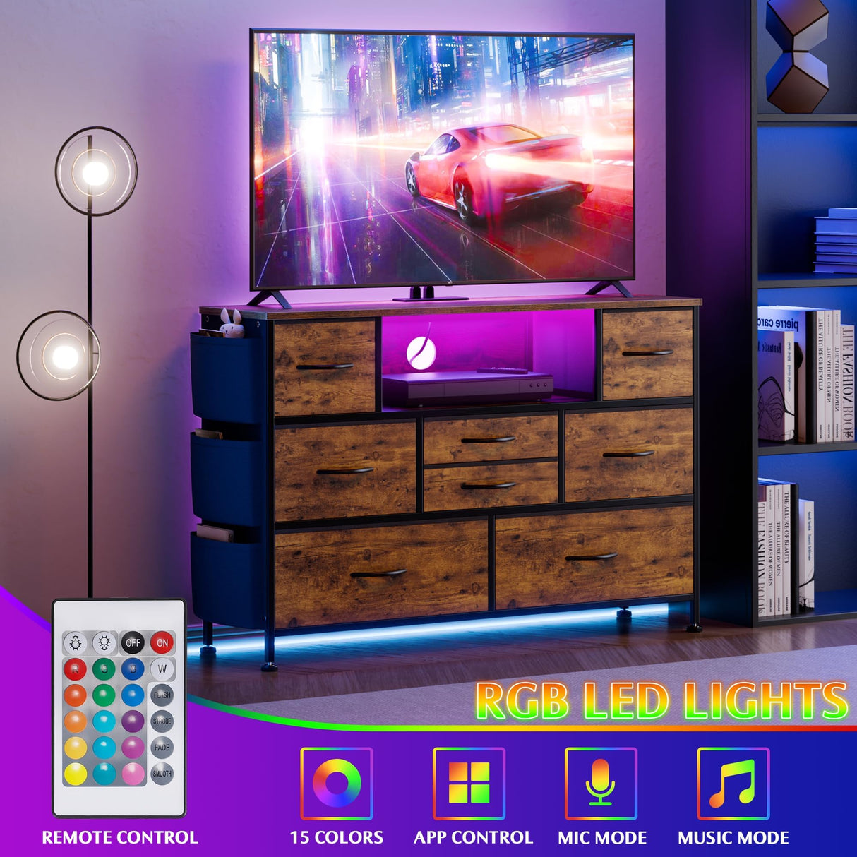 YaFiti Dresser for Bedroom with 8 Drawers, Dresser TV Stand with LED Lights, Fabric Chest of Drawers with Side Pocket for Living Room, Entryway, Bedroom Furniture (Rustic Brown) YaFiti