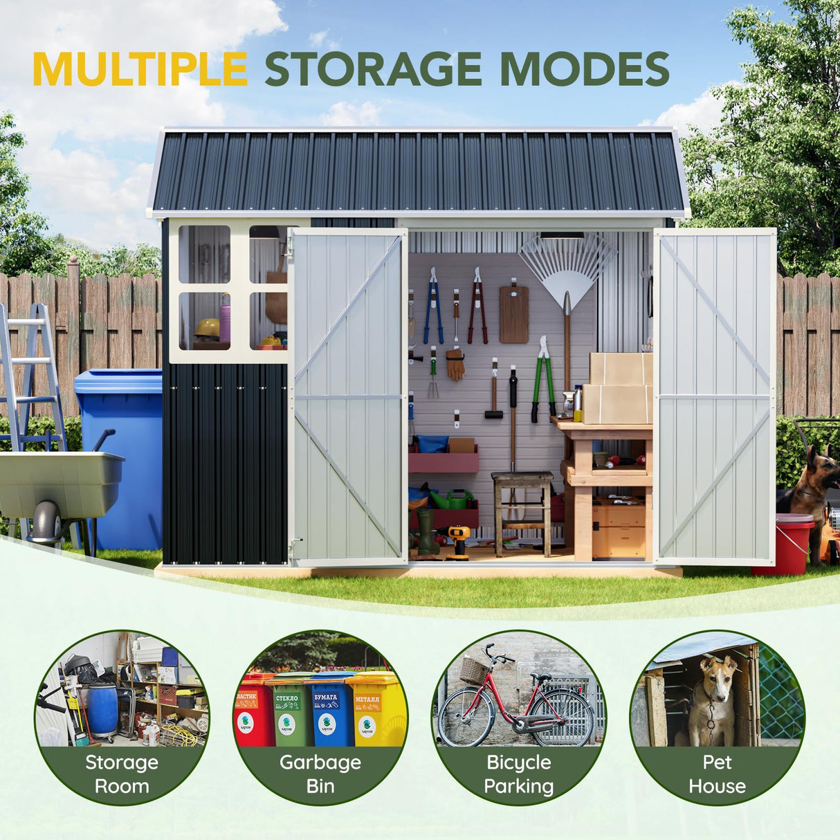 Breezz 6X8FT Outdoor Steel Storage Shed with Clear Window, Lockable Doors, Weather-Resistant Metal Tool Shed for Garden, Backyard, Patio, and Utility Storage.Nightblue BreezZ