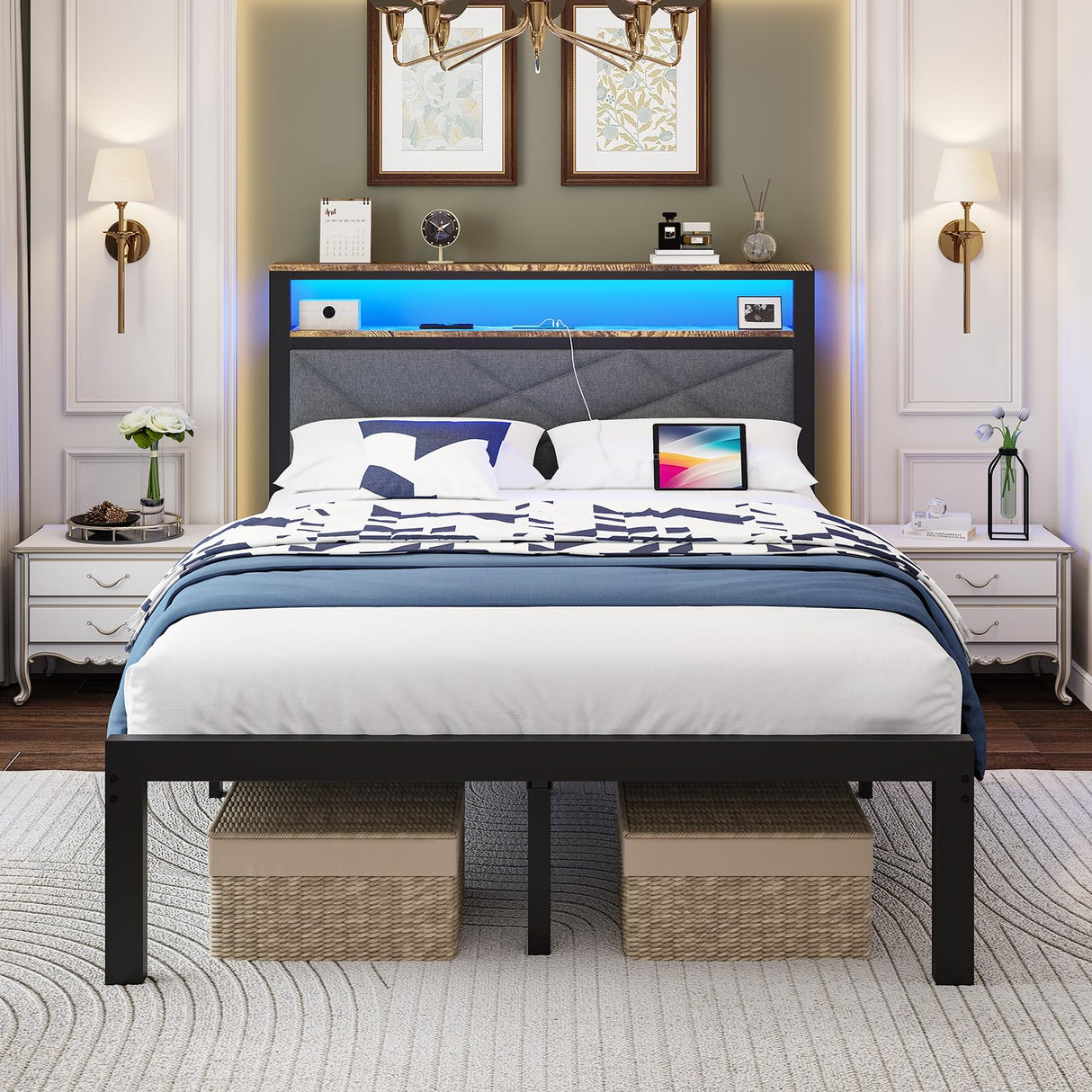 ChicZhiNest Full Bed Frame with Charging Station, LED Lights, Heavy Duty Metal Slats, Headboard with Upholstered Back and Storage Shelves, No Box Spring, Noise-Free, Easy Assembly, Dark Gray ChicZhiNest