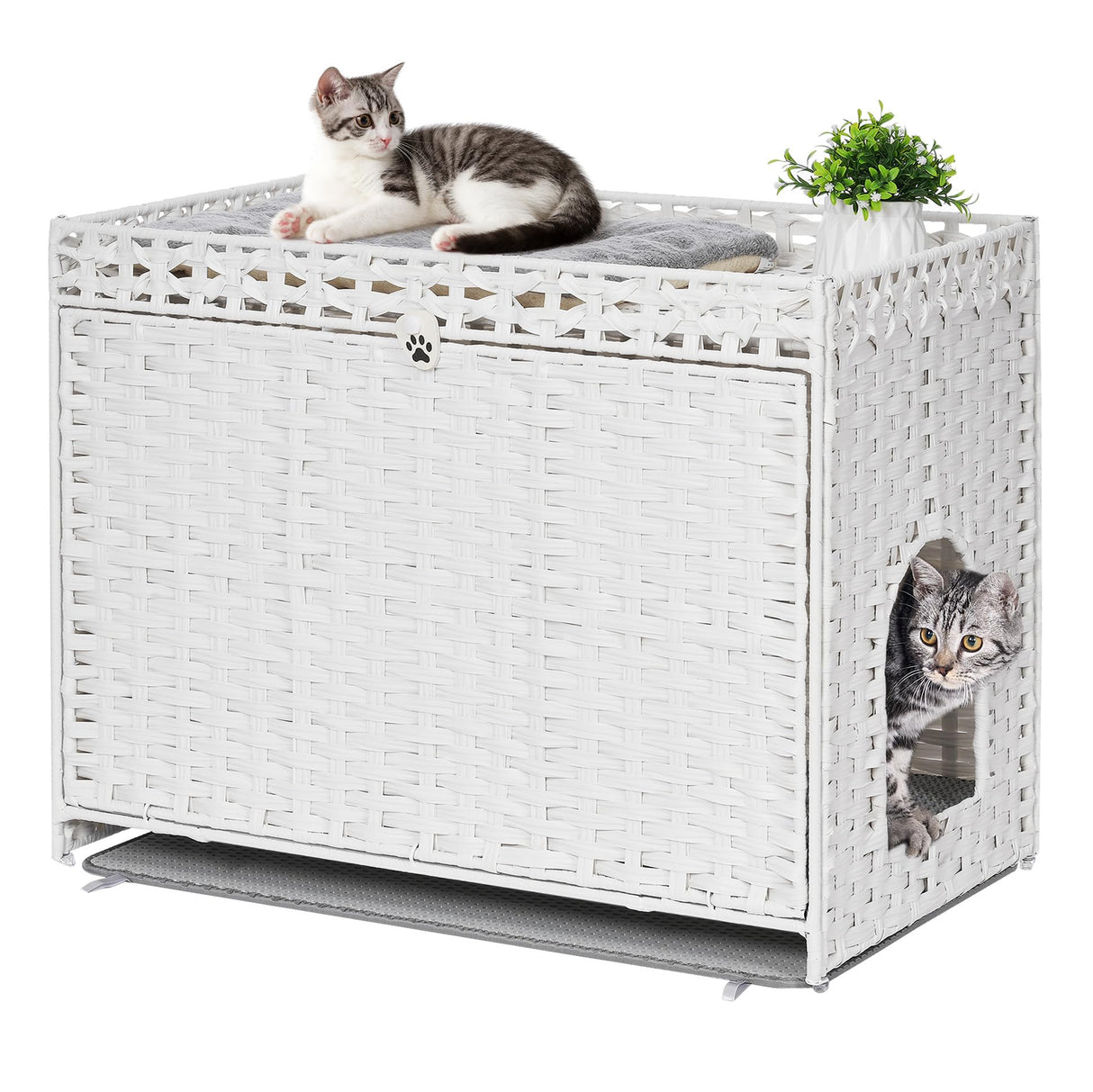 Cat Litter Box Enclosure with Soft Litter Mat; Hidden Cat Washroom Furniture with Door; Handwoven Rattan Cat House with Large Space; Pet Crate for Living Room, Bedroom, Balcony (White) Honiakaka