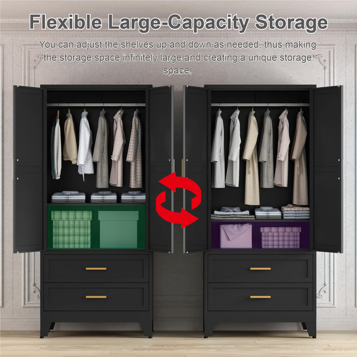 Washsemba 71'' Farmhouse Metal Wardrobe Cabinet with Hanging Rod, 2 Barn Door Wardrobe Closet with Adjustable Shelves,2 Drawer,for Dining Room,Bedroom,Living Room, Cloak Room,Office (Black) Washsemba