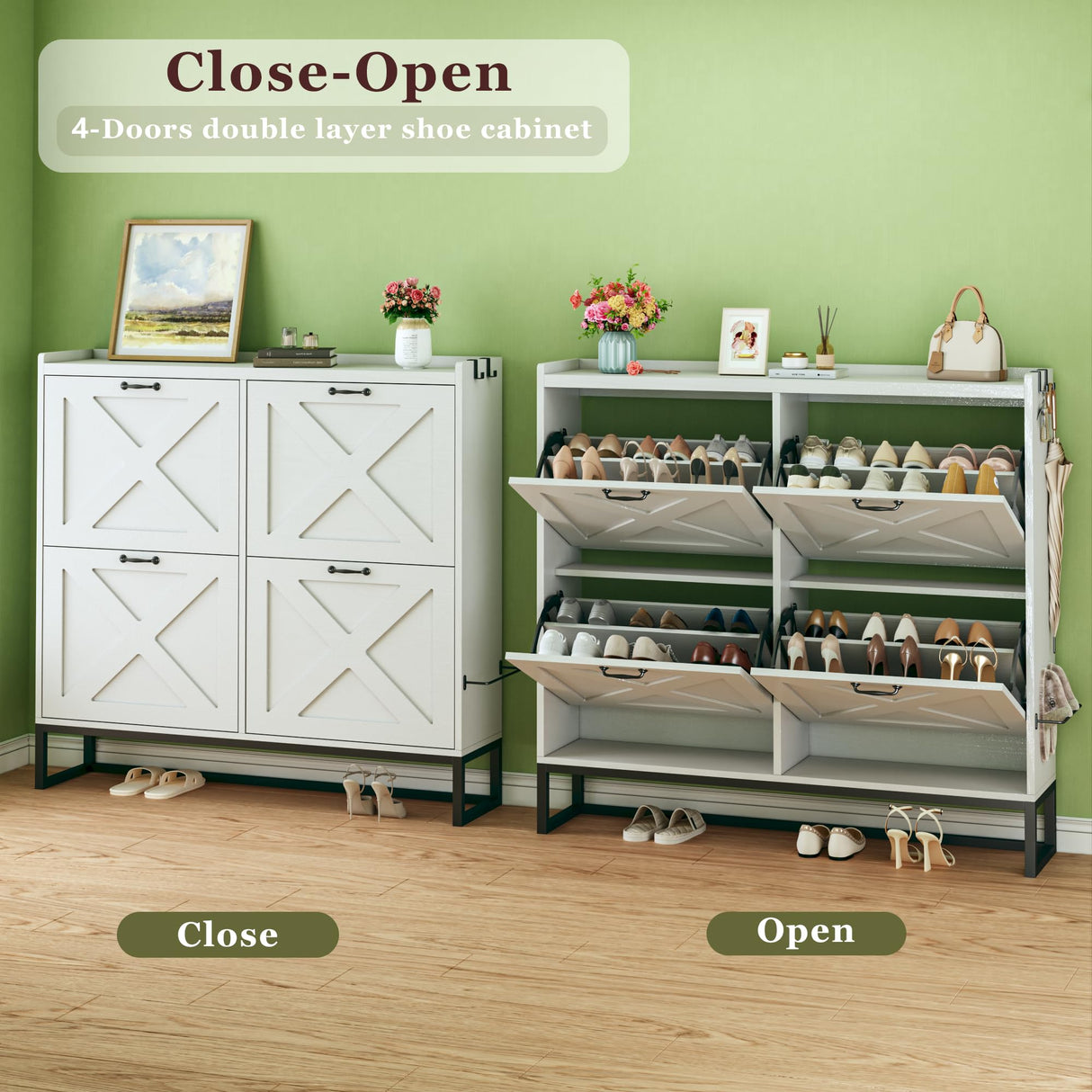 HUAHUU Shoe Cabinet with 4 Flip Drawers, Shoe Storage Cabinet with Mounted Rack & Adjustable Shelves, Shoe Cabinets Storage for Entryway, Hallway, Narrow Shoe Cabinet with Metal Legs, White HUAHUU