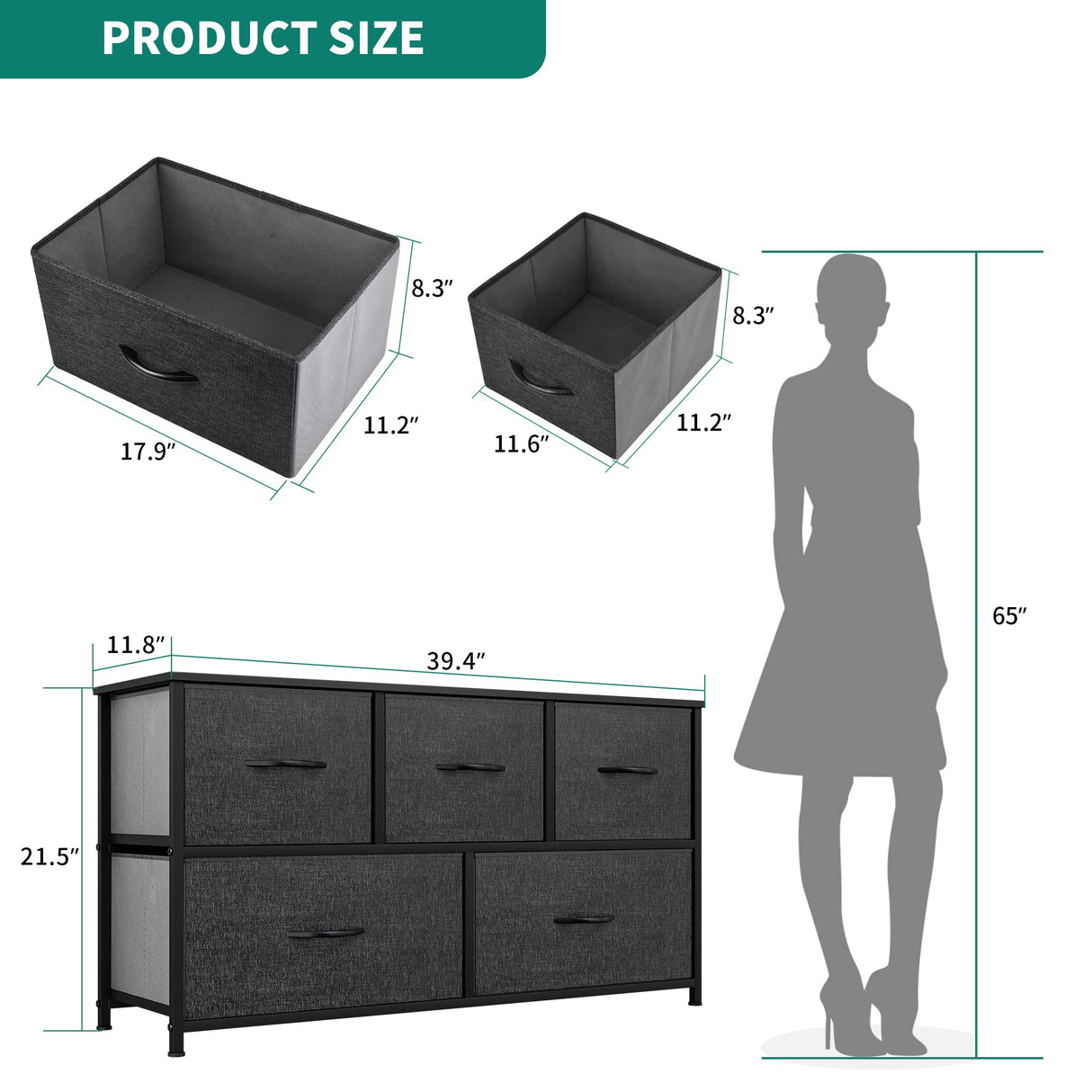 YITAHOME Wide Storage Tower with 5 Drawers - Fabric Dresser, Organizer Unit for Bedroom, Living Room, Closets - Sturdy Steel Frame, Easy Pull Fabric Bins & Wooden Top (Black/Grey) YITAHOME