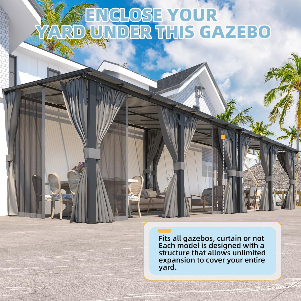 AECOJOY 20' X 12' Gazebo for Patio, Large Wall-Mounted Lean to Pergola Gazebo with Curtains and Netting, 12x20 Hard Top Pergolas and Gazebos on Clearance for Lawn Backyard Garden Deck AECOJOY