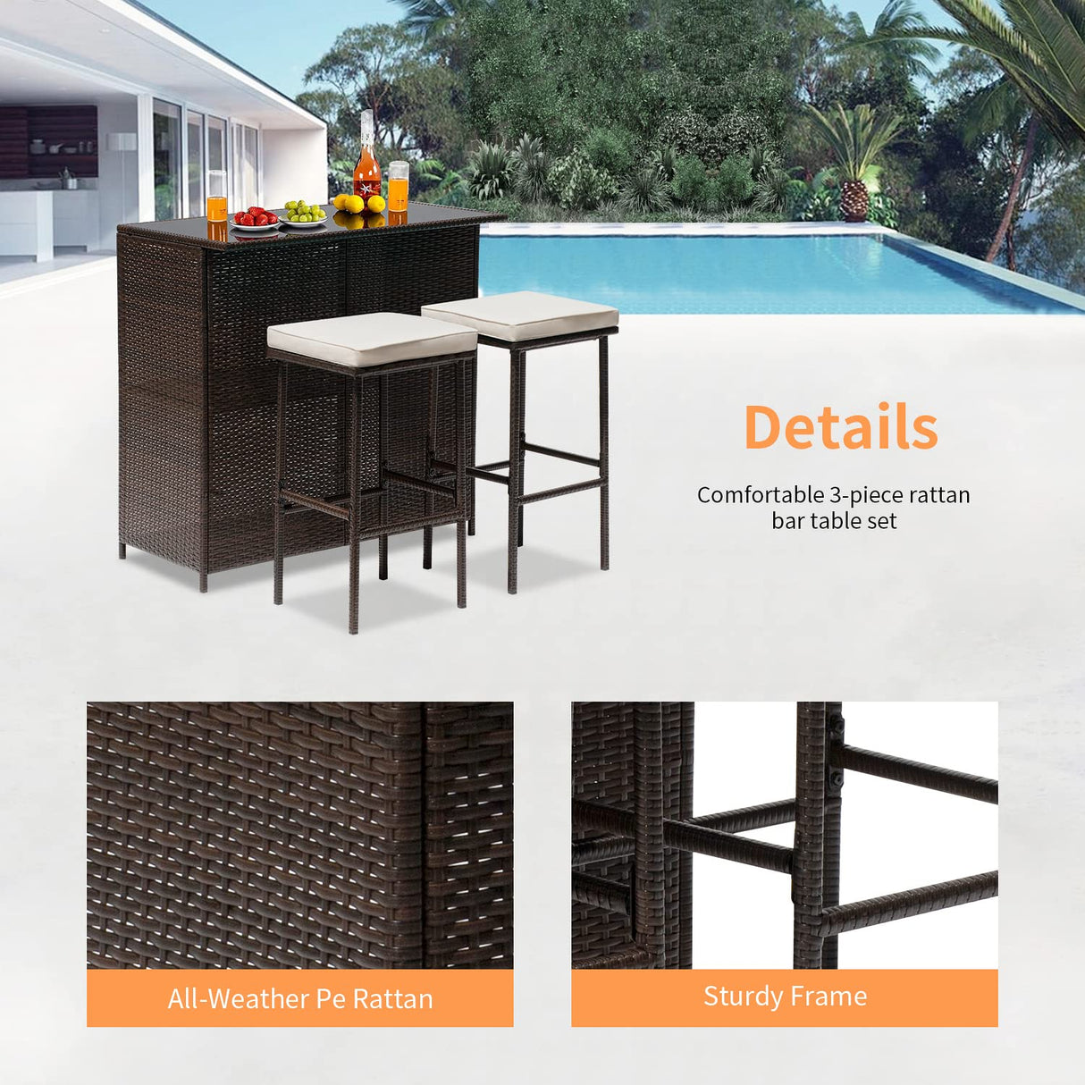 FDW Khaki Wicker 3-Piece Patio Set with Chairs & Coffee Table for Outdoor Relaxation FDW