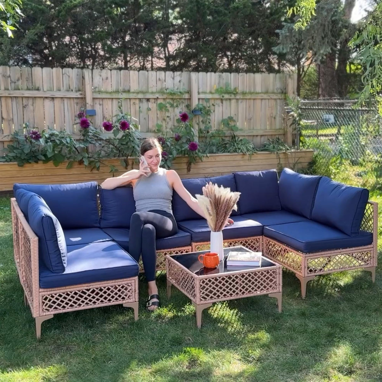 FHFO 7 Piece Outdoor Wicker Patio Furniture Set, Rattan Sectional Sofa Couch, Patio Conversation Set with Cushion & Coffee Table, for Backyard Poolside Porch Garden, Yellow/Blue FHFO