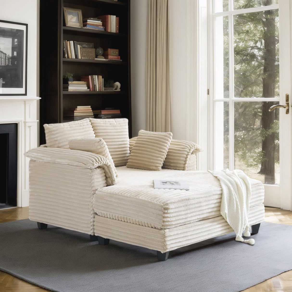 VINGLI 56" Oversized Chaise Lounge Chair, Beige Comfy Corduroy Chaise Sofa Recliner Bed Upholstered Sleeper Couch Bed with Throw Pillows and Armrests for Living Room, Movie Room, Bedroom VINGLI