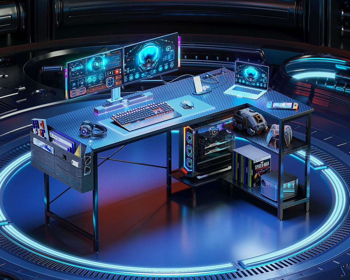 ODK 55 Inch L Shaped Gaming Computer Desk with Power Outlets, Corner Desk with Reversible Storage Shelves & PC Stand for Small Space, Modern Simple Home Office Table, Carbon Fiber Surface, Black ODK