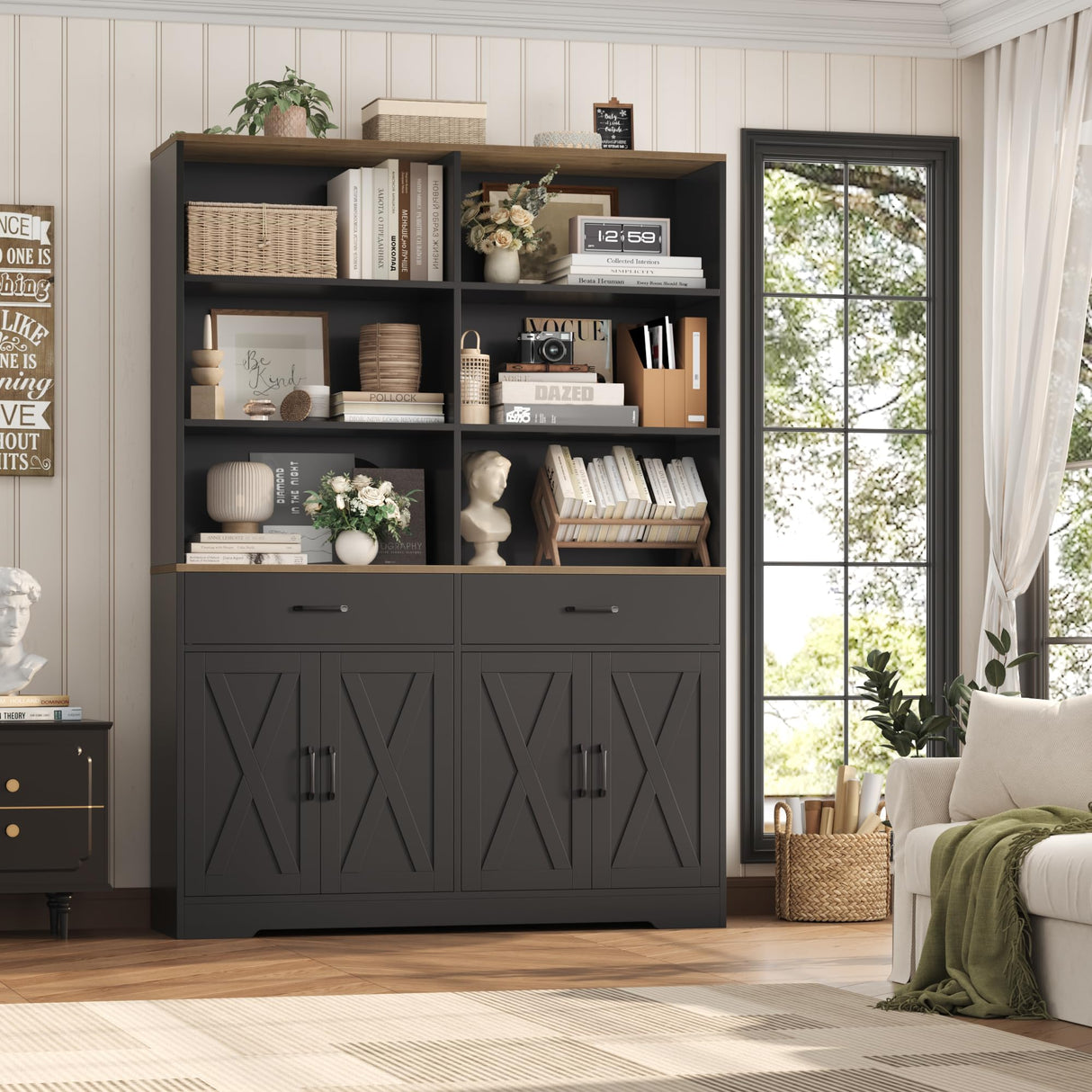 HOSTACK 69" Tall Book Shelf and Bookcase, Wooden Bookcase with Doors, Large Bookshelf with Drawers, Farmhouse Book Case with Storage Cabinet, Bookshelves with Display Shelves for Home Office, Black HOSTACK