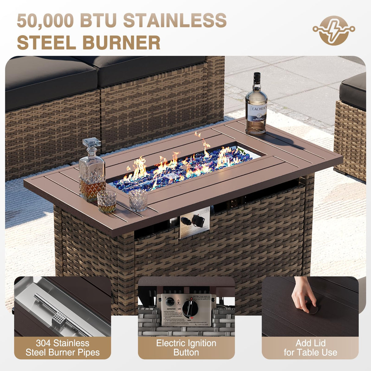 Aoxun Patio Furniture Sets, 8-Piece Outdoor Patio Furniture with 44'' Propane Gas Firepit Table, Wicker Outdoor Conversation Set Sectional Sofa for Backyard, Poolside, Garden (Black Cushion) Aoxun