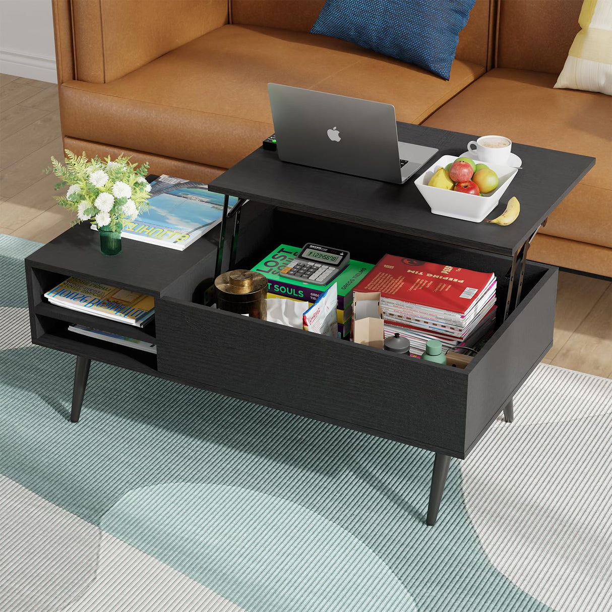 PayLessHere Lift Top Coffee Table with Adjustable Storage and Hidden Compartment Small Wood Coffee Table Center Table for Home Living Room Office Apartment Reception Room,Black PayLessHere