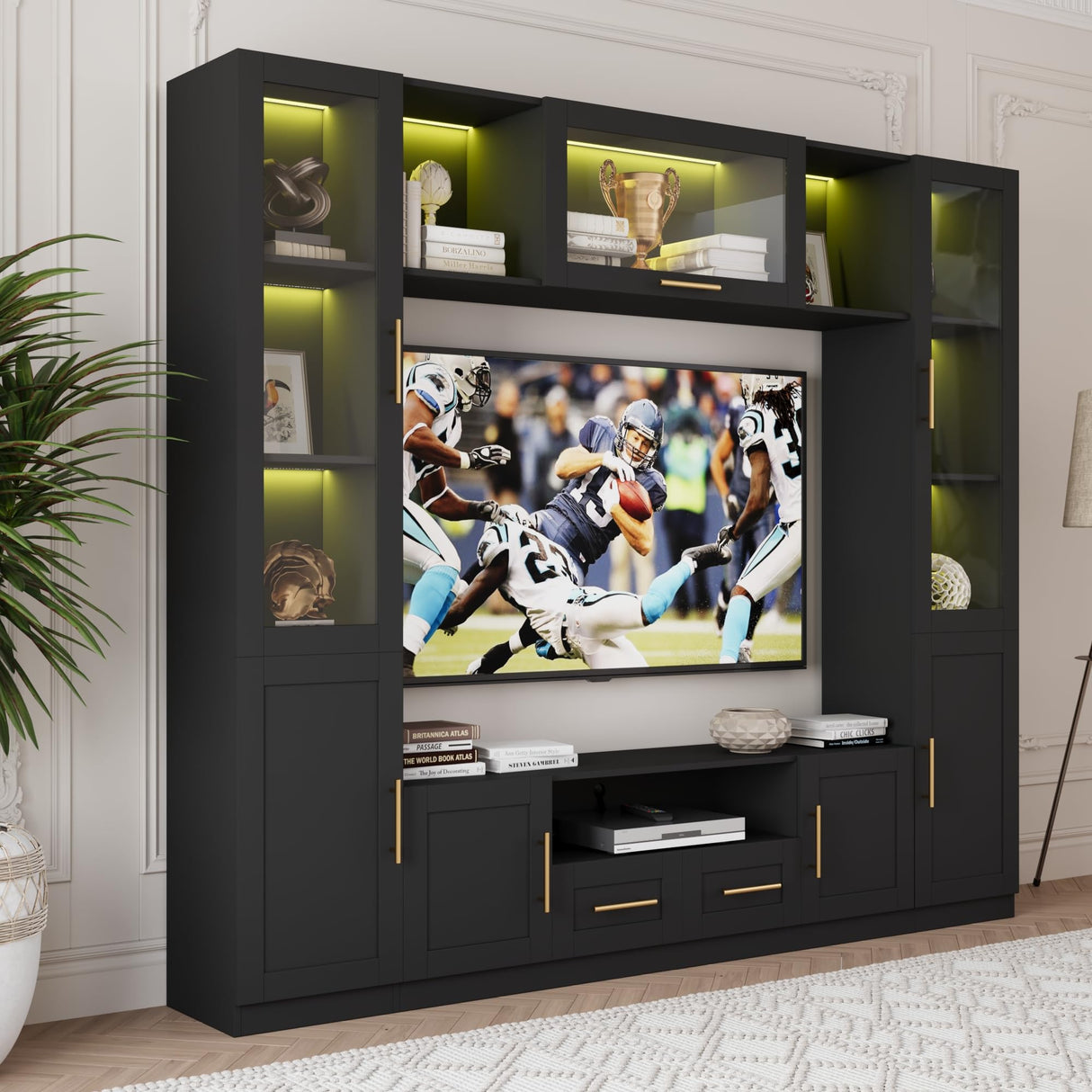 Bobve 94" Wall Unit Entertainment Center for TVs up to 70", Modern TV Console with LED Lights, Multifunctional TV Stand with Tempered Glass Door, Drawers & Shelves for Living Room, Black Bobve