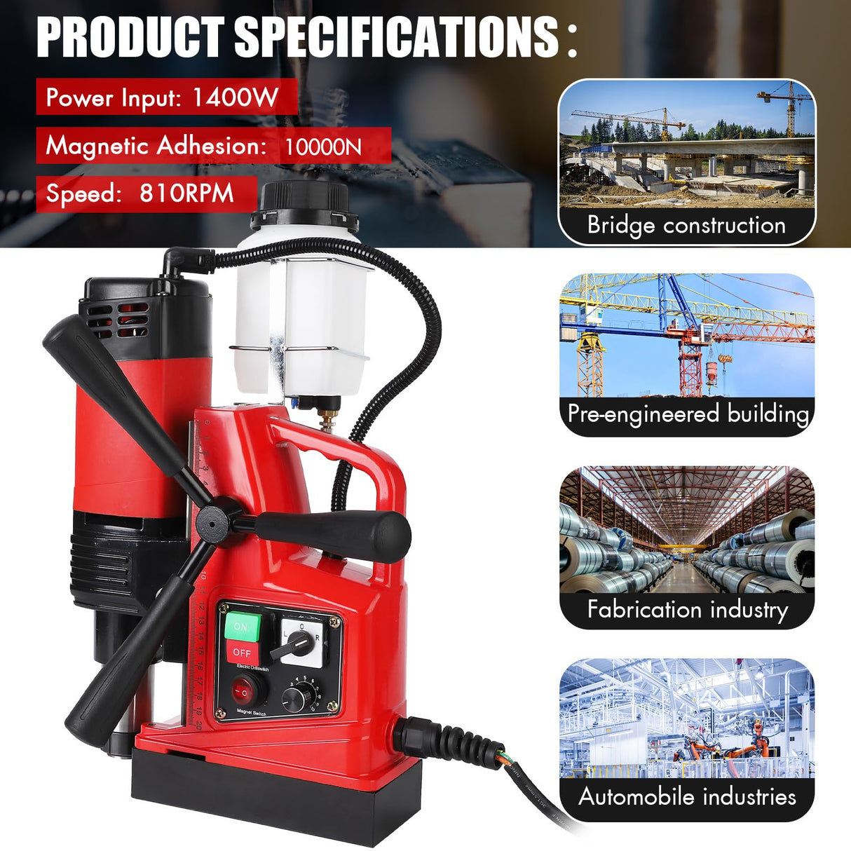 GARVEE Magnetic Drill Press, 1400W 810RPM Portable Mag Drill Press, 10-Speed Core Drilling Machine for Metal Working,10Pcs Annular Cutters Drill Bits,Red Garvee
