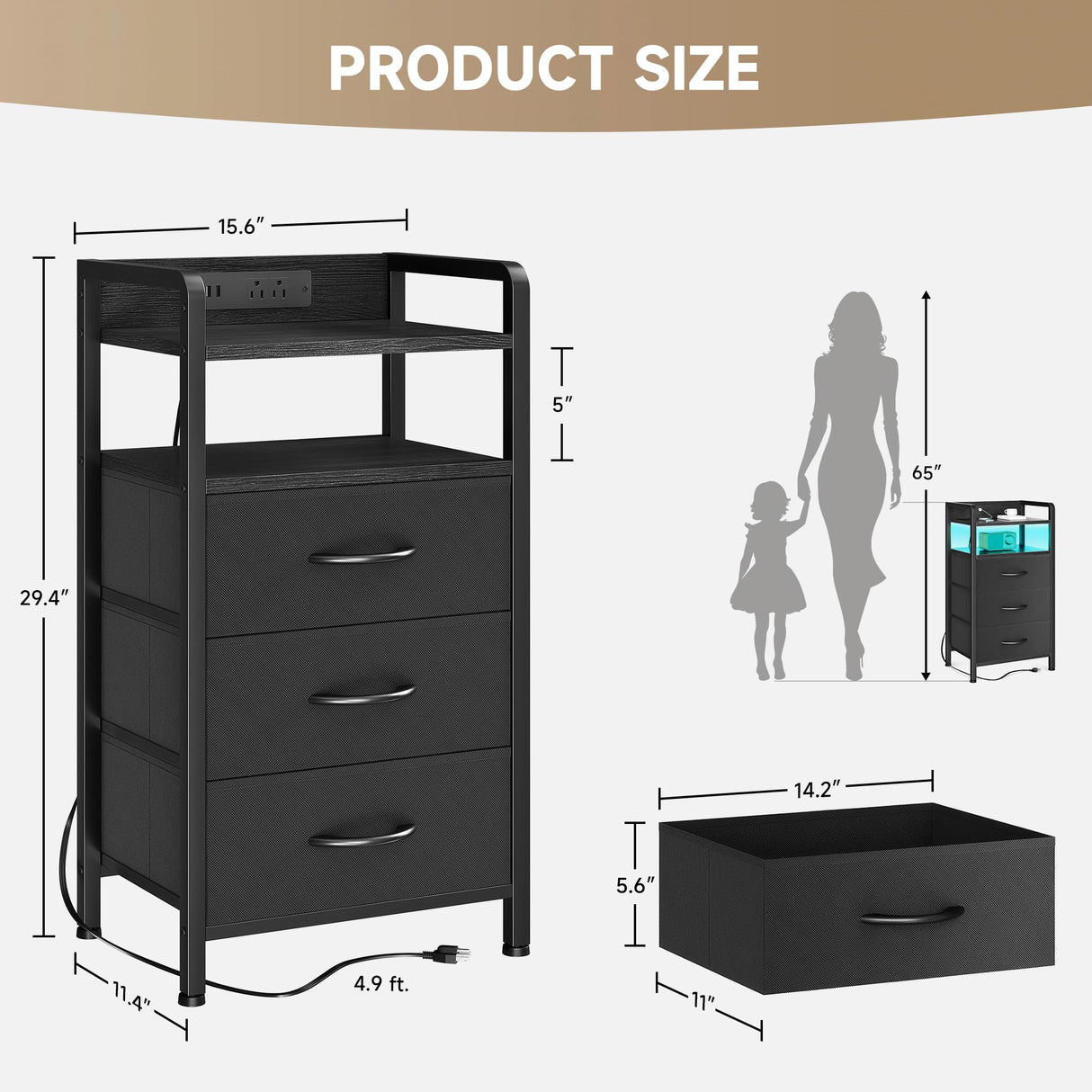 Lazzanto Night Stand Bedside Charger Bedroom - Nightstand with Charging Station & LED Light Strip, Night Stand with Storage Shelf & 3 Fabric Drawers, Morden End Table with U-S-B Ports & AC Outlets Lazzanto